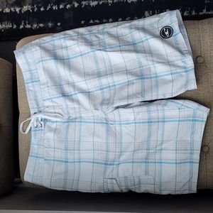 O'Neill Swim Trunks Blue Gray Plaid on White Size 34